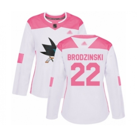 Women's San Jose Sharks #22 Jonny Brodzinski Authentic White Pink Fashion Hockey Jersey - Ujersey