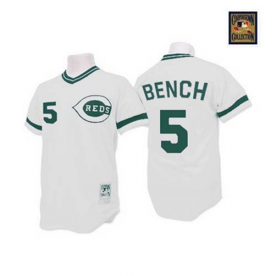 Men's Mitchell and Ness Cincinnati Reds #5 Johnny Bench Replica White(Green Patch) Throwback MLB Jersey - Ujersey