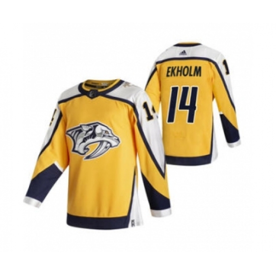 Men's Nashville Predators #14 Mattias Ekholm Yellow 2020-21 Reverse Retro Alternate Hockey Jersey - Ujersey