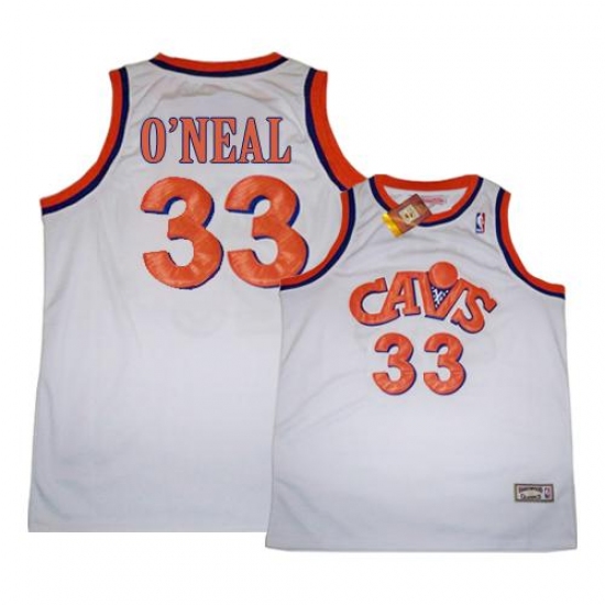 Men's Mitchell and Ness Cleveland Cavaliers #33 Shaquille O'Neal Authentic White CAVS Throwback NBA Jersey - Ujersey