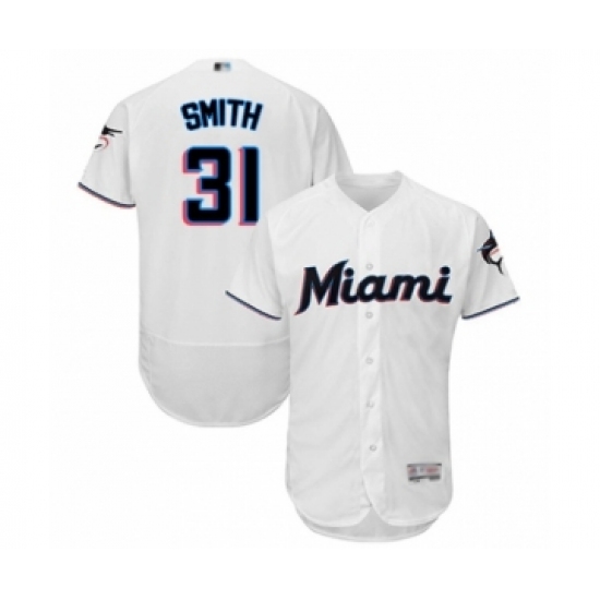 Men's Miami Marlins #31 Caleb Smith White Home Flex Base Authentic Collection Baseball Player Jersey - Ujersey
