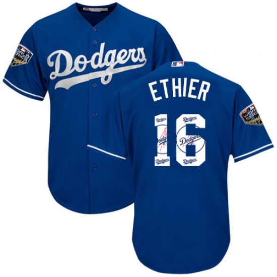 Men's Majestic Los Angeles Dodgers #16 Andre Ethier Authentic Royal Blue Team Logo Fashion Cool Base 2018 World Series MLB Jersey - Ujersey