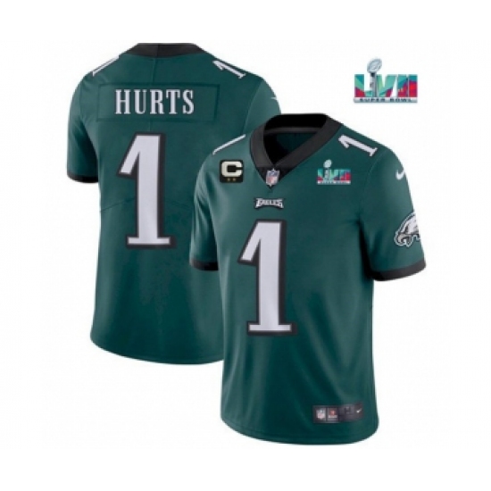 Men's Philadelphia Eagles #1 Jalen Hurts Green Super Bowl LVII Patch And 2-star C Patch Vapor Untouchable Limited Stitched Jersey - Ujersey