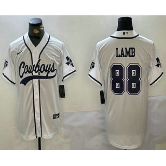 Men's Dallas Cowboys #88 CeeDee Lamb White With Navy Name Cool Base Stitched Baseball Jersey - Ujersey
