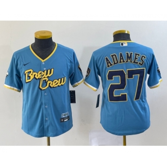 Youth Milwaukee Brewers #27 Willy Adames Blue 2022 City Connect Cool Base Stitched Jersey - Ujersey