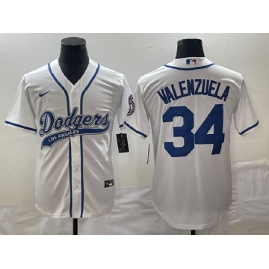 Men's Los Angeles Dodgers #34 Fernando Valenzuela White Cool Base Stitched Baseball Jersey1 - Ujersey