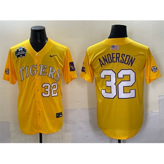Men's LSU Tigers #32 Kade Anderson Gold 2025 World Series & SEC Patch Stitched Baseball Jersey - Ujersey
