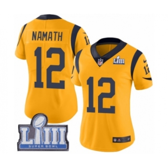 Women's Nike Los Angeles Rams #12 Joe Namath Limited Gold Rush Vapor Untouchable Super Bowl LIII Bound NFL Jersey - Ujersey