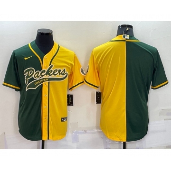 Men's Green Bay Packers Blank Green Yellow Split With Patch Cool Base Stitched Baseball Jersey - Ujersey