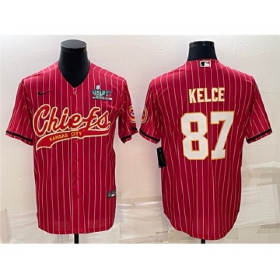 Men's Kansas City Chiefs #87 Travis Kelce Red With Super Bowl LVII Patch Cool Base Stitched Baseball Jersey - Ujersey