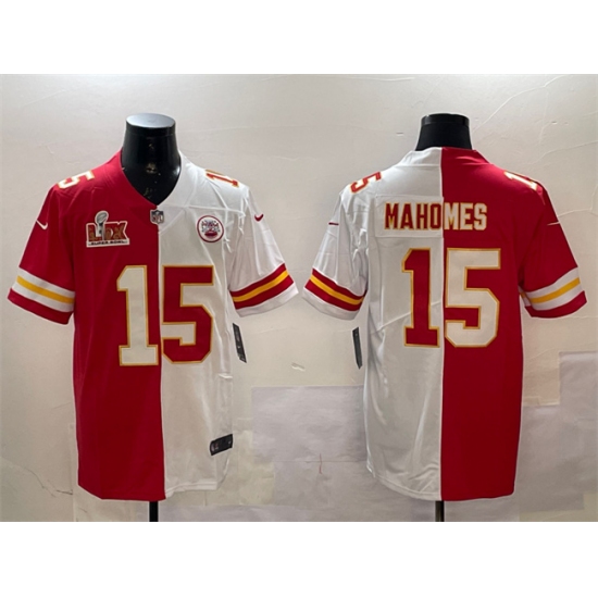 Men's Kansas City Chiefs #15 Patrick Mahomes Red & White Split 2025 Super Bowl LIX Vapor Limited Stitched Football Jersey - Ujersey