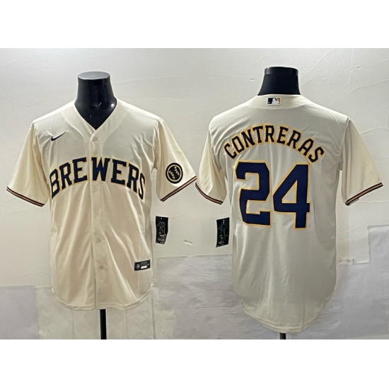 Men's Milwaukee Brewers #24 William Contreras Cream With Stitched Baseball Jersey - Ujersey