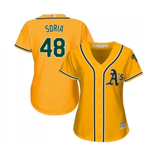 Women's Oakland Athletics #48 Joakim Soria Replica Gold Alternate 2 Cool Base Baseball Jersey - Ujersey