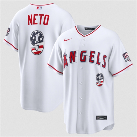 Men's Los Angeles Angels #9 Zach Neto 2026 White USA 250 Fourth of July Home Stadium Stitched Baseball Jersey - Ujersey