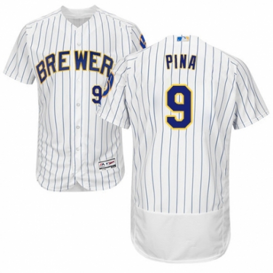 Men's Majestic Milwaukee Brewers #9 Manny Pina White Home Flex Base Authentic Collection MLB Jersey - Ujersey