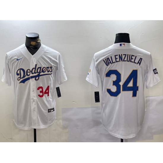 Men's Los Angeles Dodgers #34 Fernando Valenzuela Number White Gold Championship Stitched Cool Base Nike Jersey - Ujersey