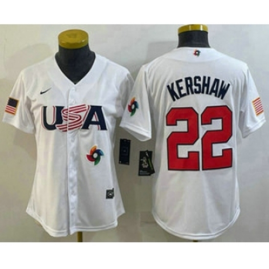 Women's USA Baseball #22 Clayton Kershaw 2023 White World Classic Stitched Jerseys