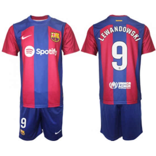 Men's Barcelona #9 Lewandowski Blue Red 2023-24 Home Soccer Jersey