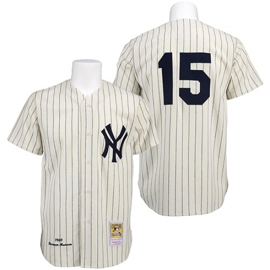 Men's Mitchell and Ness 1969 New York Yankees #15 Thurman Munson Replica Cream Throwback MLB Jersey - Ujersey