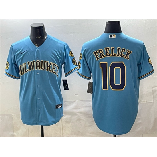 Men's Milwaukee Brewers #10 Sal Frelick Blue With Home & Bob Uecker Stitched Baseball Jersey - Ujersey