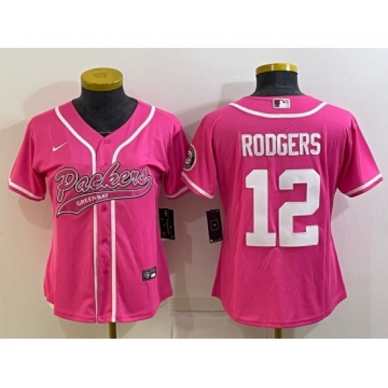 Women's Green Bay Packers #12 Aaron Rodgers Pink With Patch Cool Base Stitched Baseball Jersey - Ujersey