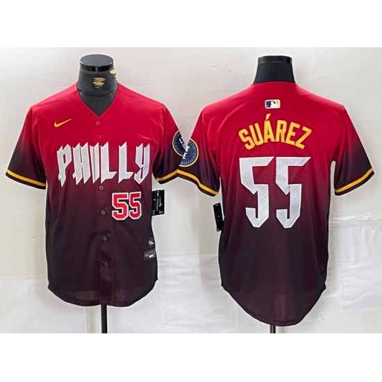 Men's Philadelphia Phillies #55 Ranger Suarez Red 2024 City Player Number Cool Base Jerseys - Ujersey