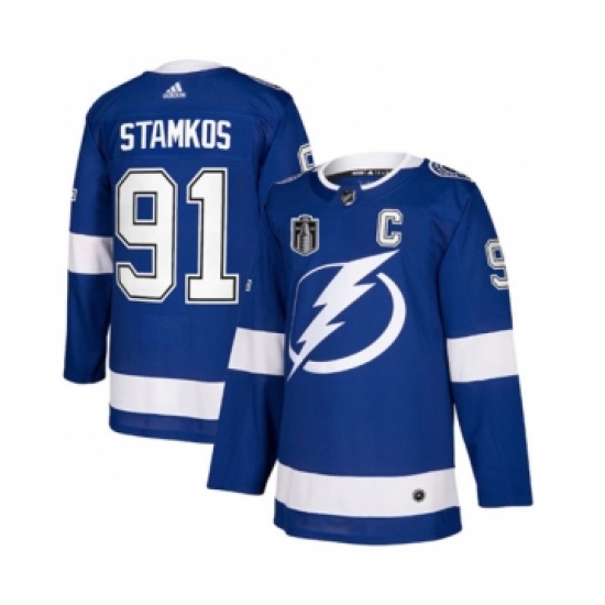 Men's Tampa Bay Lightning #91 Steven Stamkos 2022 Blue Stanley Cup Final Patch Stitched Jersey