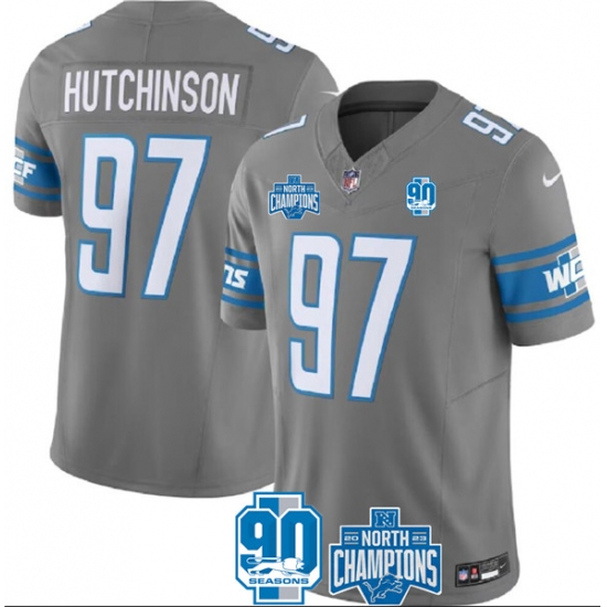 Men's Detroit Lions #97 Aidan Hutchinson Gray 2023 90th Anniversary North Division Champions Limited Stitched Jersey - Ujersey
