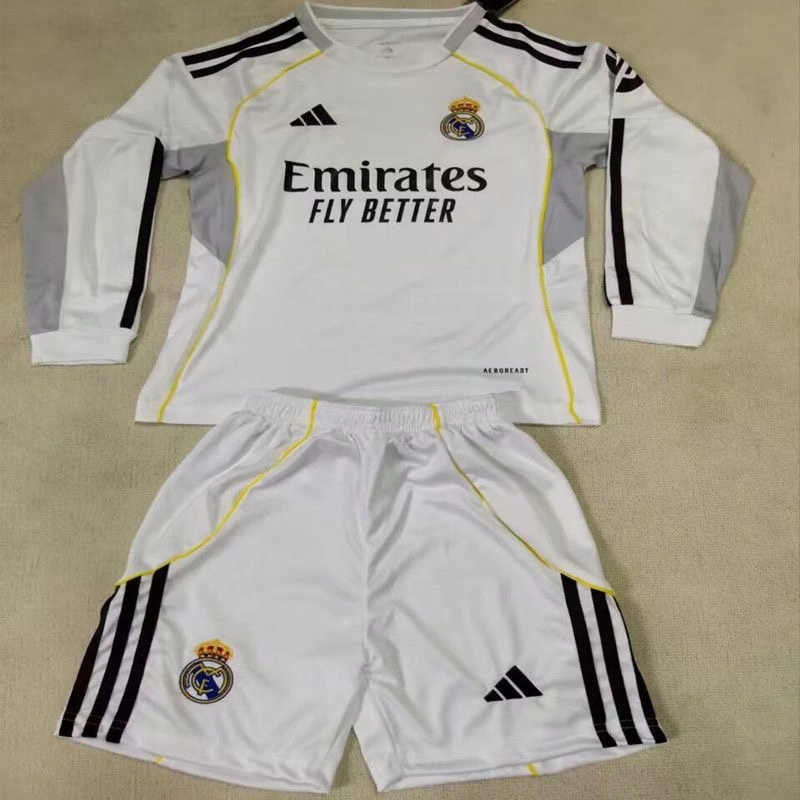 Real Madrid Soccer Jersey Home Kids Kit Long Sleeve Jersey+Shorts 2025/26 - Ujersey NHL