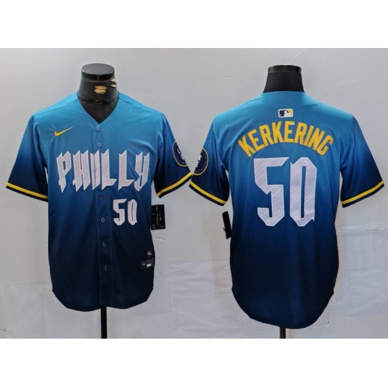Men's Philadelphia Phillies #50 Orion Kerkering Number Blue 2024 City Connect Limited Stitched Jersey