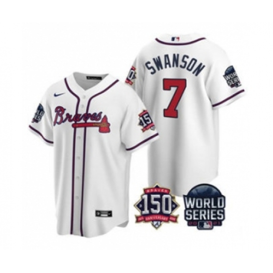 Men's Atlanta Braves #7 Dansby Swanson 2021 White World Series With 150th Anniversary Patch Cool Base Baseball Jersey - Ujersey