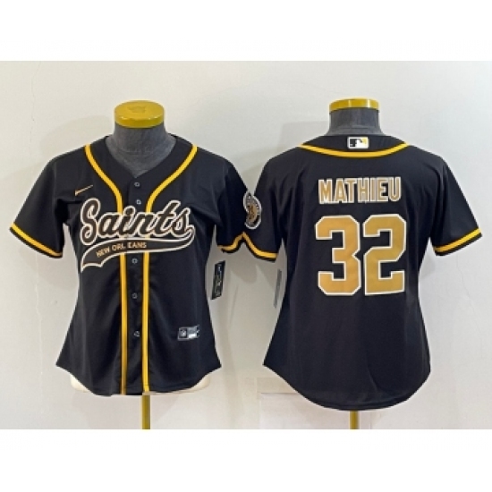 Women's New Orleans Saints #32 Tyrann Mathieu Black With Patch Cool Base Stitched Baseball Jersey - Ujersey