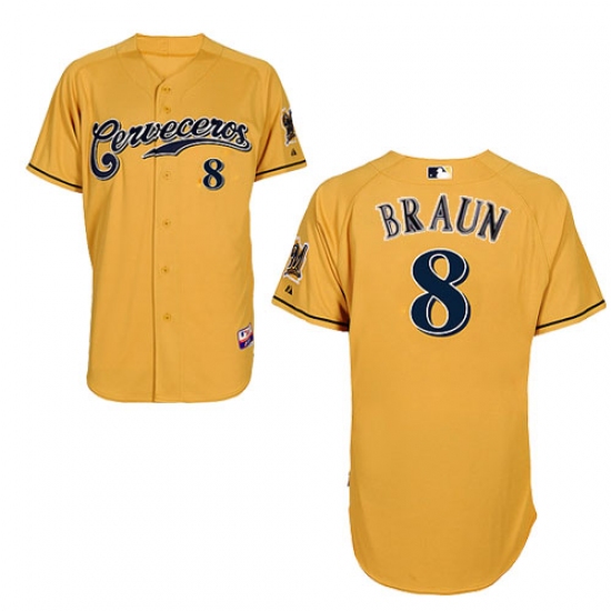 Men's Majestic Milwaukee Brewers #8 Ryan Braun Authentic Gold Cerveceros Cool Base MLB Jersey - Ujersey