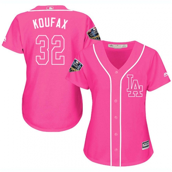 Women's Majestic Los Angeles Dodgers #32 Sandy Koufax Authentic Pink Fashion Cool Base 2018 World Series MLB Jersey - Ujersey