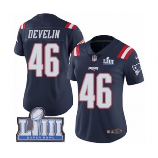 Women's Nike New England Patriots #46 James Develin Limited Navy Blue Rush Vapor Untouchable Super Bowl LIII Bound NFL Jersey - Ujersey