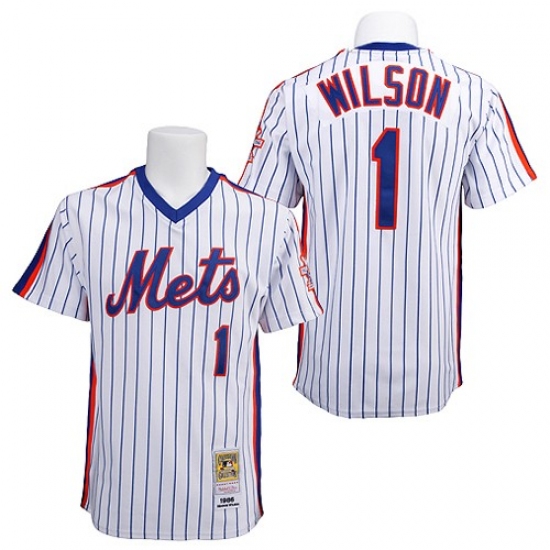 Men's Mitchell and Ness New York Mets #1 Mookie Wilson Authentic White/Blue Strip Throwback MLB Jersey - Ujersey