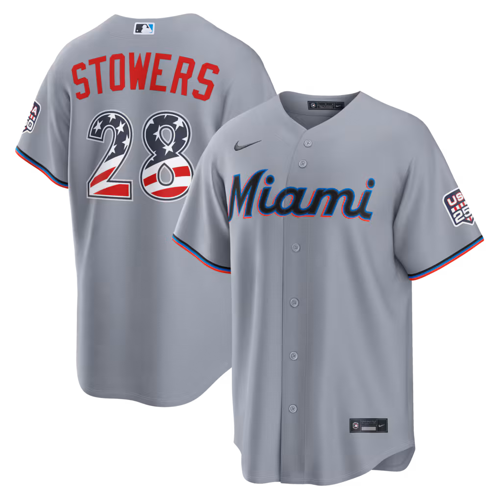 Men's Miami Marlins Kyle Stowers Nike Gray USA 250 Fourth of July Road Stadium Jersey - Ujersey