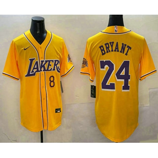 Men's Los Angeles Lakers #8 24 Kobe Bryant Yellow Purple With Cool Base Stitched Baseball Jersey
