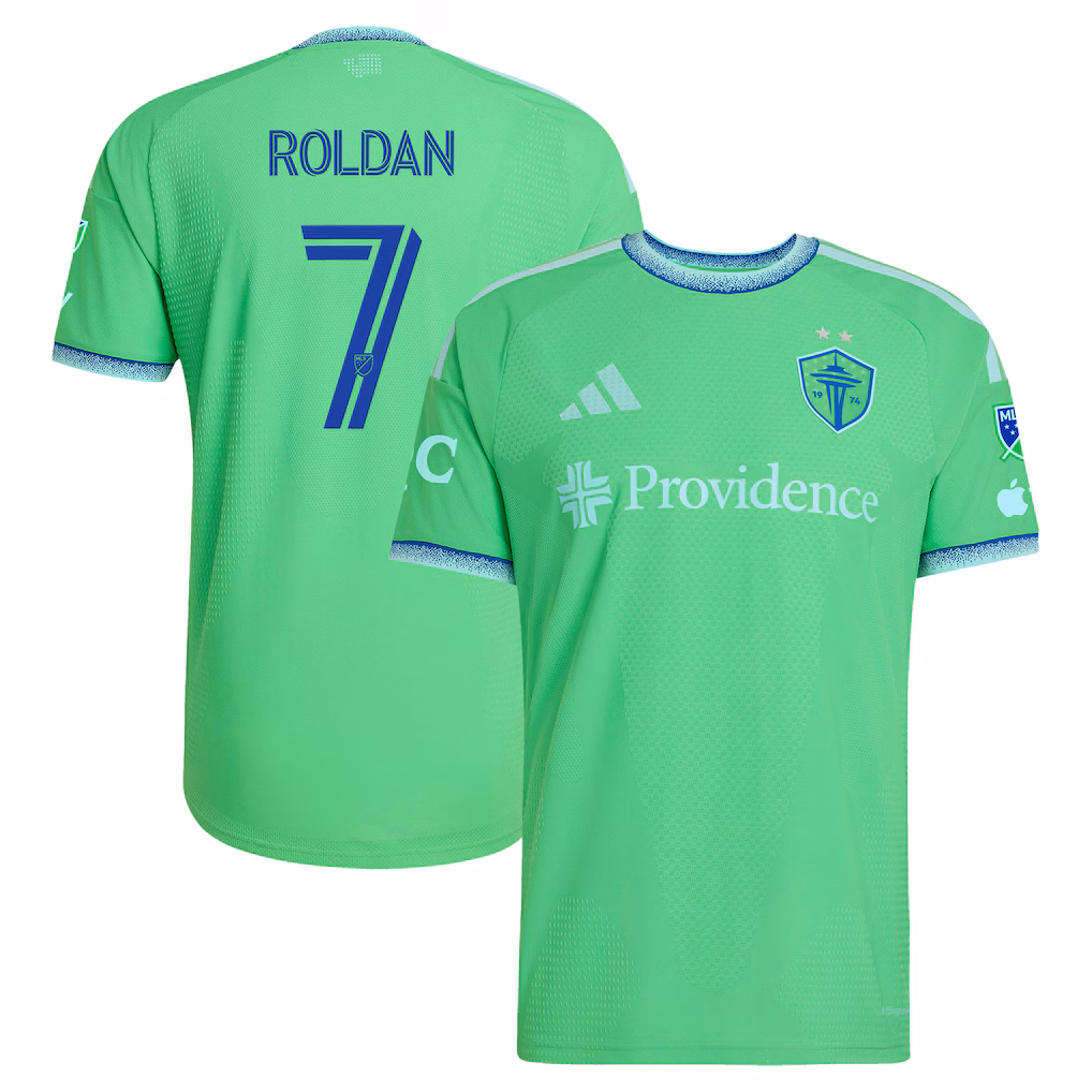Men's Seattle Sounders FC Cristian Roldan Rave Green 2026 The Evergreen State Kit On-Field Authentic Patch Jersey