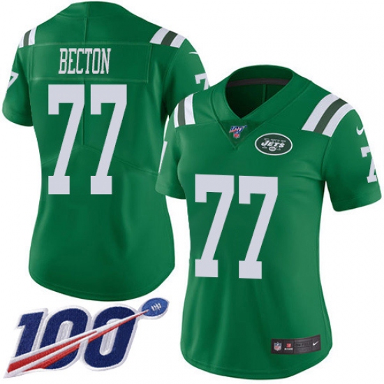Women's New York Jets #77 Mekhi Becton Green Stitched Limited Rush 100th Season Jersey - Ujersey