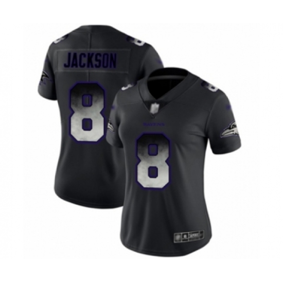 Women's Baltimore Ravens #8 Lamar Jackson Limited Black Smoke Fashion Football Jersey - Ujersey