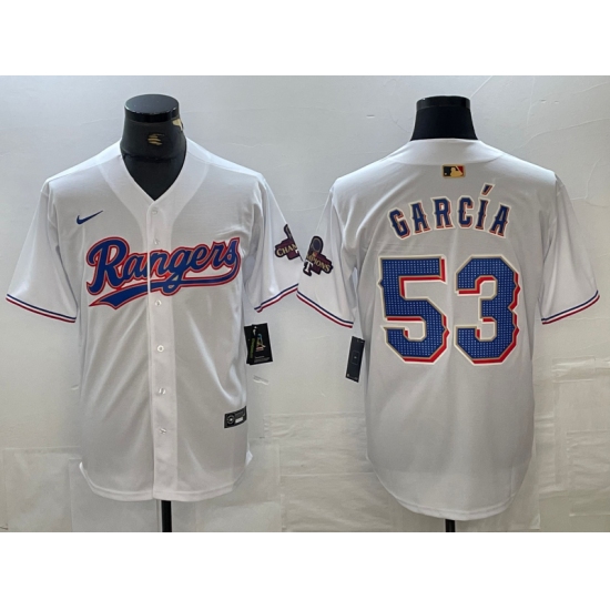 Men's Texas Rangers #53 Adolis Garcia White 2023 World Series Champions Cool Base Jersey - Ujersey