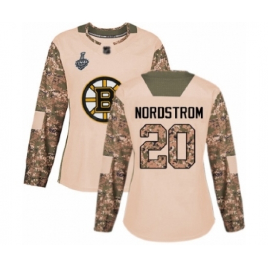 Women's Boston Bruins #20 Joakim Nordstrom Authentic Camo Veterans Day Practice 2019 Stanley Cup Final Bound Hockey Jersey - Ujersey