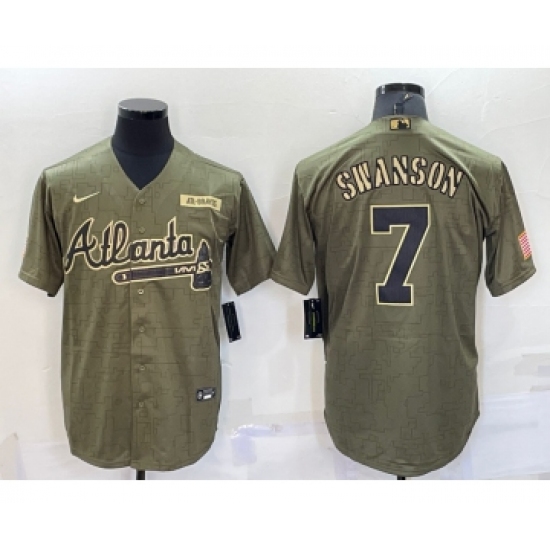 Men's Atlanta Braves #7 Dansby Swanson 2021 Olive Salute To Service Limited Stitched Jersey - Ujersey