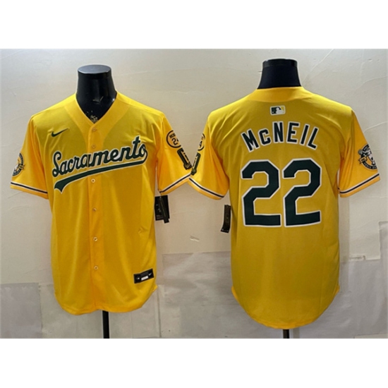Men's Oakland Athletics #22 Jeff McNeil 2026 Yellow Alternate Sacramento Celebrating 125 Years Vapor Limited Stitched Baseball Jersey