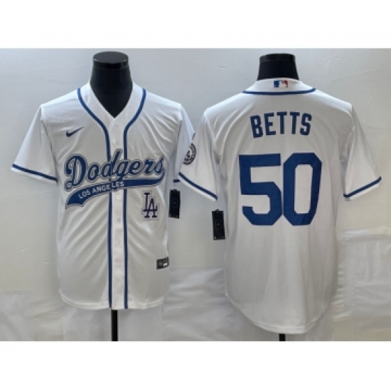 Men's Los Angeles Dodgers #50 Mookie Betts White Cool Base Stitched Baseball Jersey1 - Ujersey