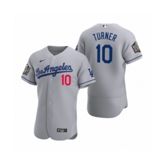 Men's Los Angeles Dodgers #10 Justin Turner Nike Gray 2020 World Series Authentic Road Jersey - Ujersey