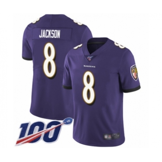 Men's Nike Baltimore Ravens #8 Lamar Jackson Purple Team Color Vapor Untouchable Limited Player 100th Season NFL Jersey - Ujersey