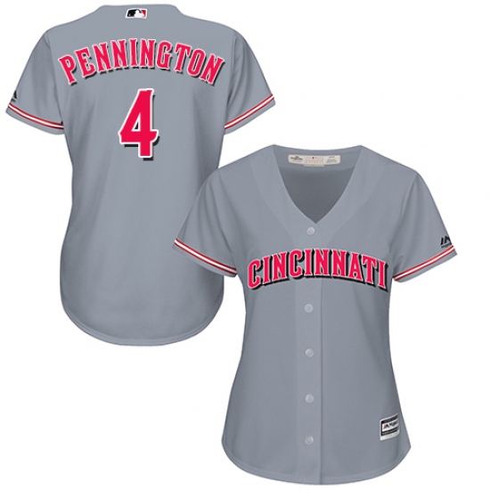 Women's Majestic Cincinnati Reds #4 Cliff Pennington Replica Grey Road Cool Base MLB Jersey - Ujersey