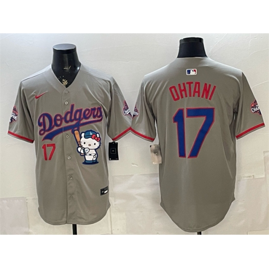 Men's Los Angeles Dodgers #17 Shohei Ohtani Grey Hello Kitty Night 2025 World Series Champions Stitched Baseball Jersey - Ujersey